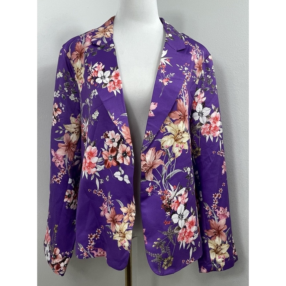 Allegra K Size XL Womens Purple Floral Lapel Open Front Lightweight Blazer